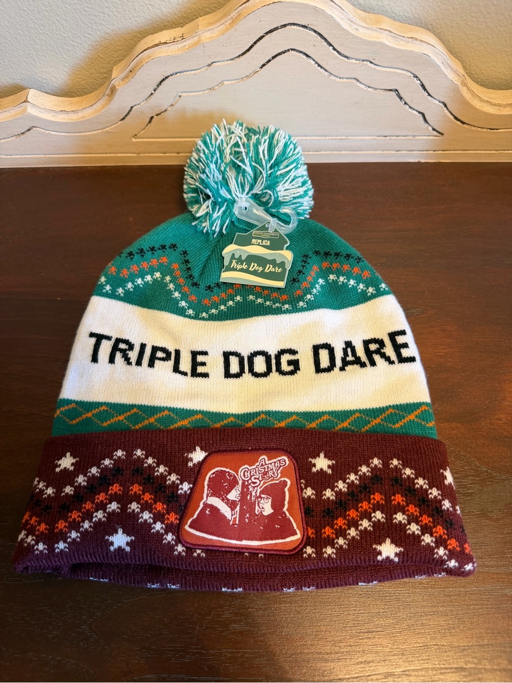 A Christmas Story Triple Dog Dare Pom Beanie - Teal, White & Burgundy